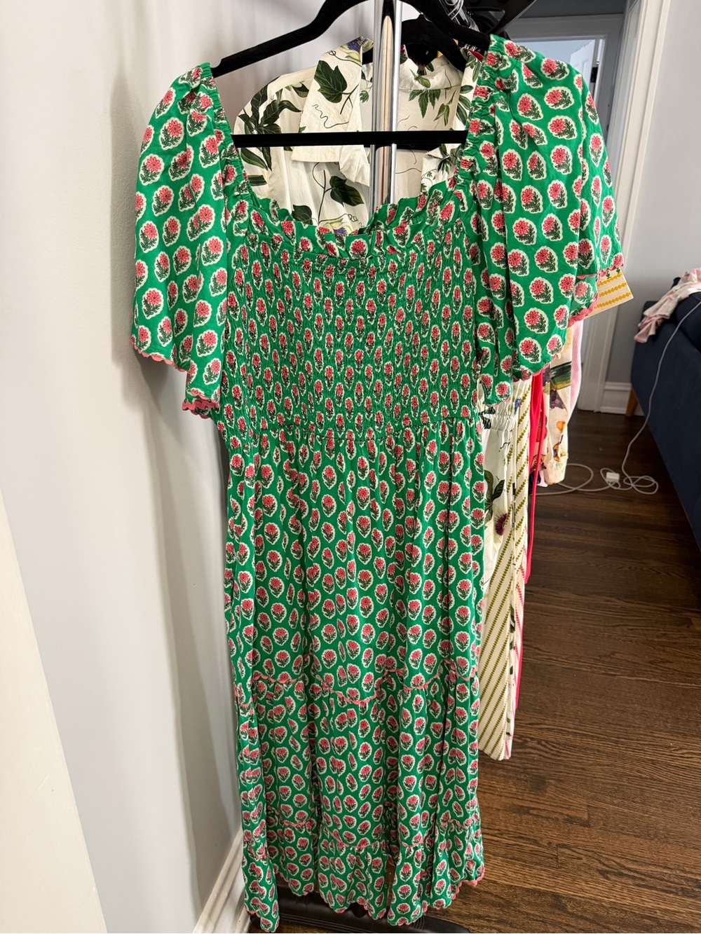 Green Floral Smocked Midi Dress